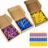 A collection of yellow and blue EVA foam darts packaged in cardboard boxes.
