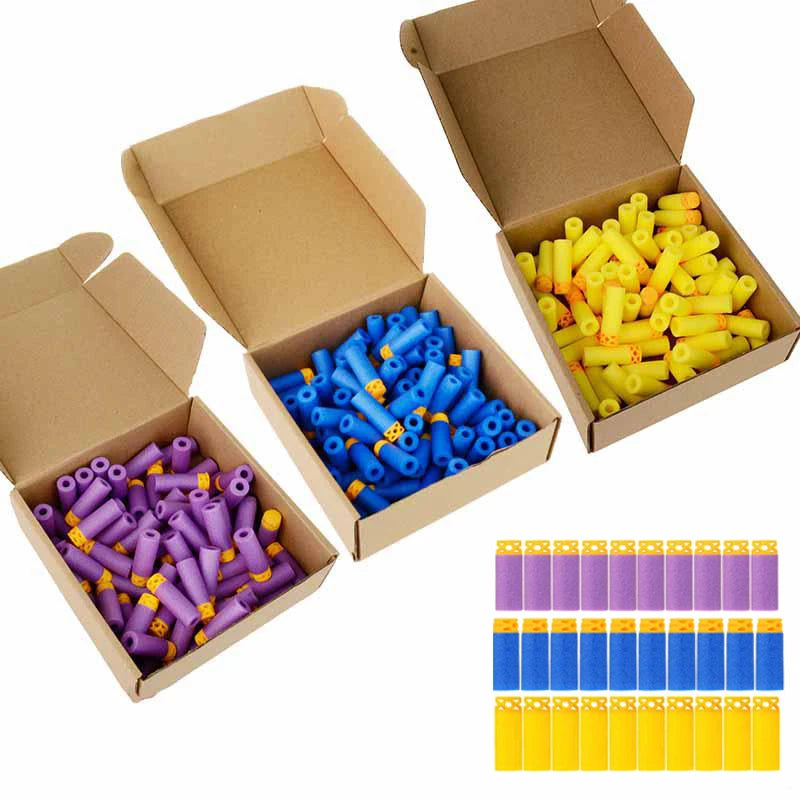 A collection of yellow and blue EVA foam darts packaged in cardboard boxes.
