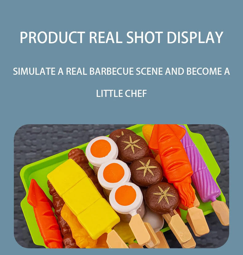 A colorful set of pretend barbecue food including sausages, corn, and other grilled items displayed on a green tray.