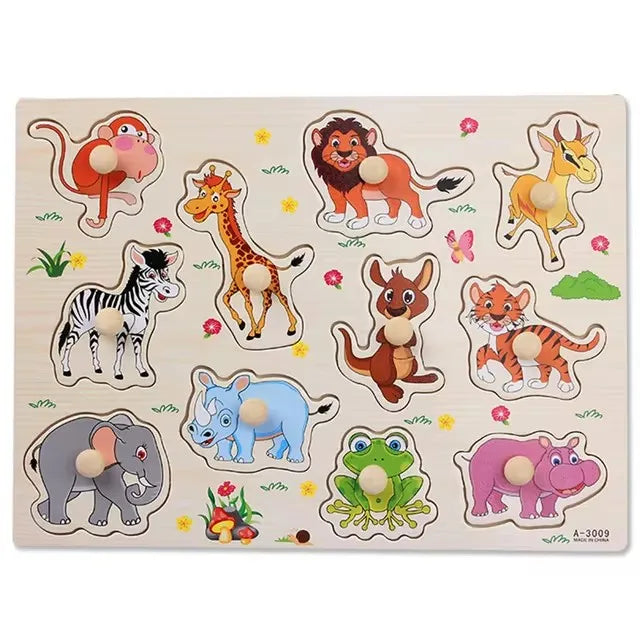 A wooden puzzle featuring various animal shapes and colors for toddlers.