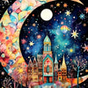A vibrant paint by numbers canvas featuring a crescent moon, stars, and a cityscape under a dark night sky.
