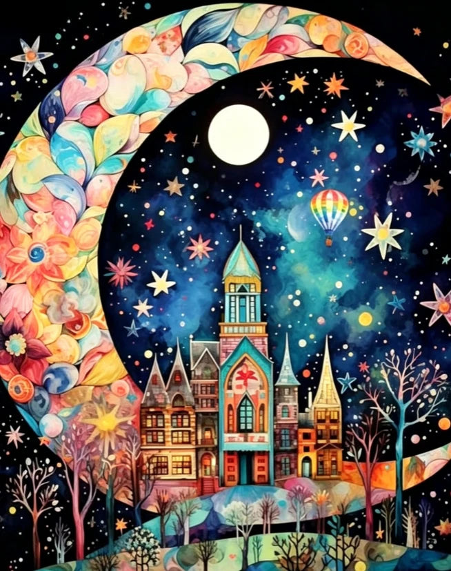 A vibrant paint by numbers canvas featuring a crescent moon, stars, and a cityscape under a dark night sky.