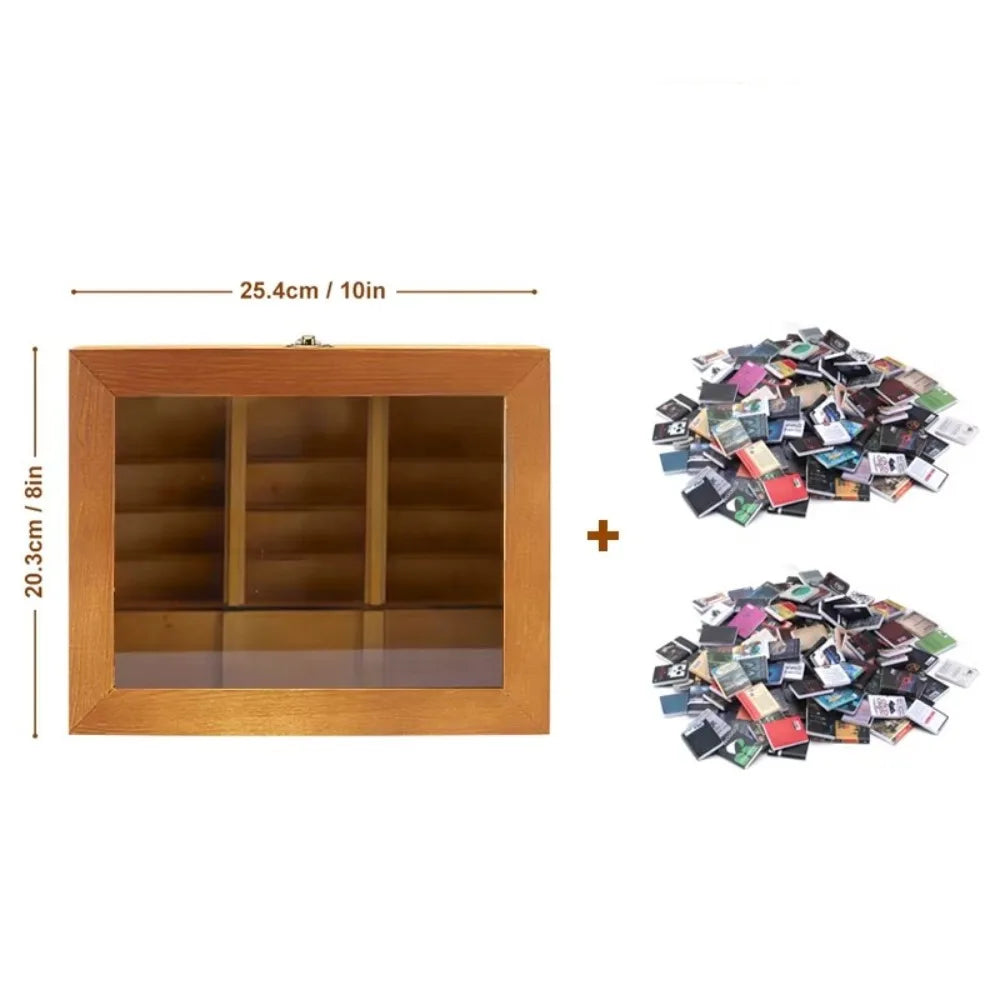 A wooden bookshelf with a glass display and a pile of mini fidget books.