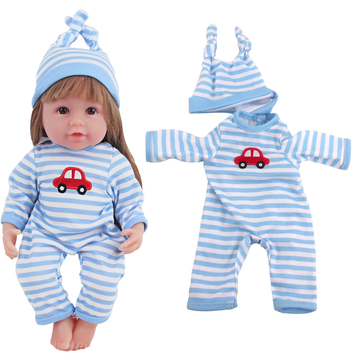 A baby doll wearing a blue and white striped outfit with a matching bonnet and a separate outfit featuring a red car design.