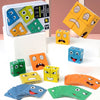 A collection of wooden face-changing cube puzzles and colorful cartoon blocks arranged on a white surface.