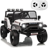 A white electric ride-on truck for kids with a black grille and LED lights, shown from the front.
