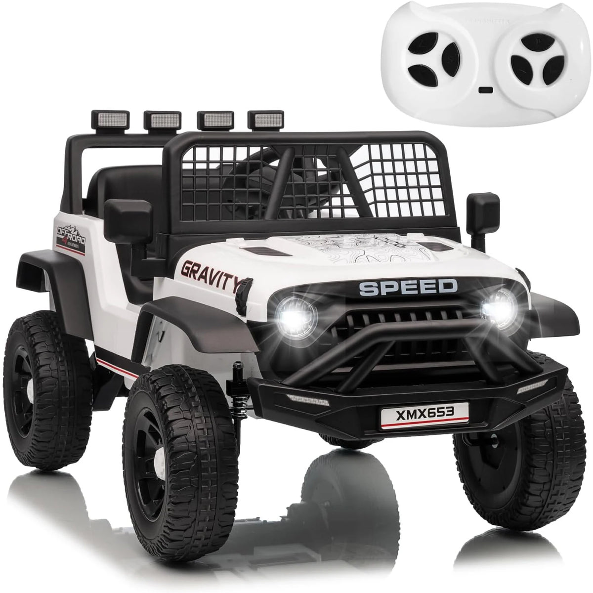 A white electric ride-on truck for kids with a black grille and LED lights, shown from the front.