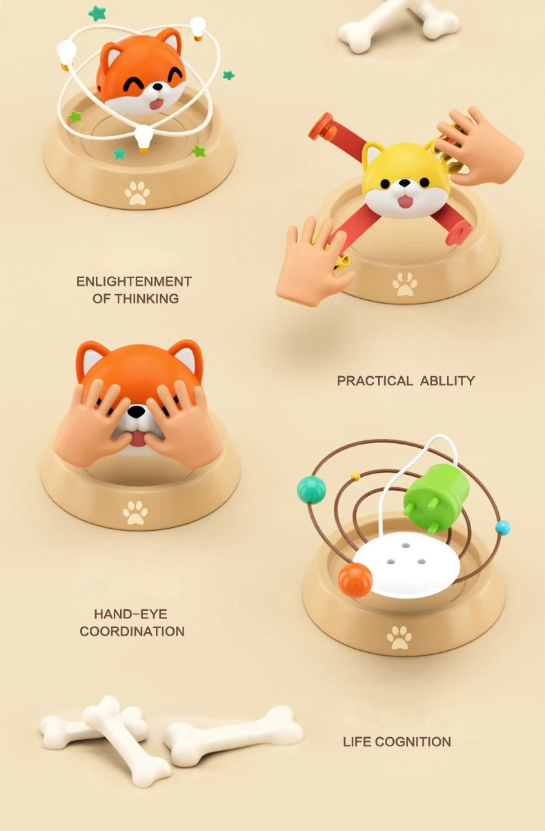 A set of Montessori sensory learning toys for toddlers, including a fox-shaped cube and various educational activities like e