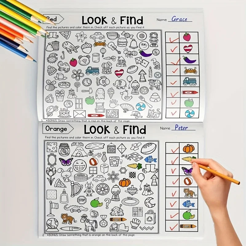 Page d'un livre de coloriage ouvert intitulé Look & Find avec des images pour enfants, présentant divers objets à trouver et 