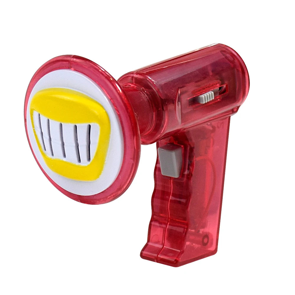A red voice changer toy with a yellow mouth piece and a plastic body.