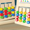A wooden color and shape matching game for kids showing various colored and shaped wooden blocks.
