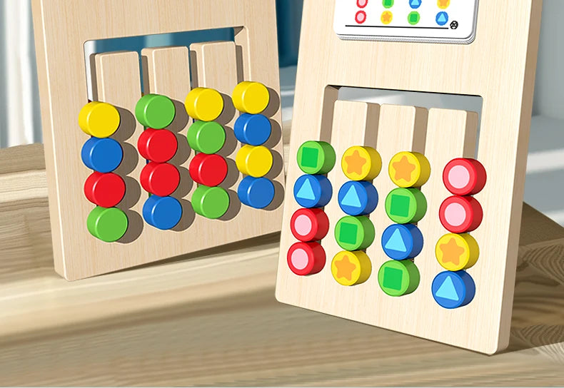 A wooden color and shape matching game for kids showing various colored and shaped wooden blocks.