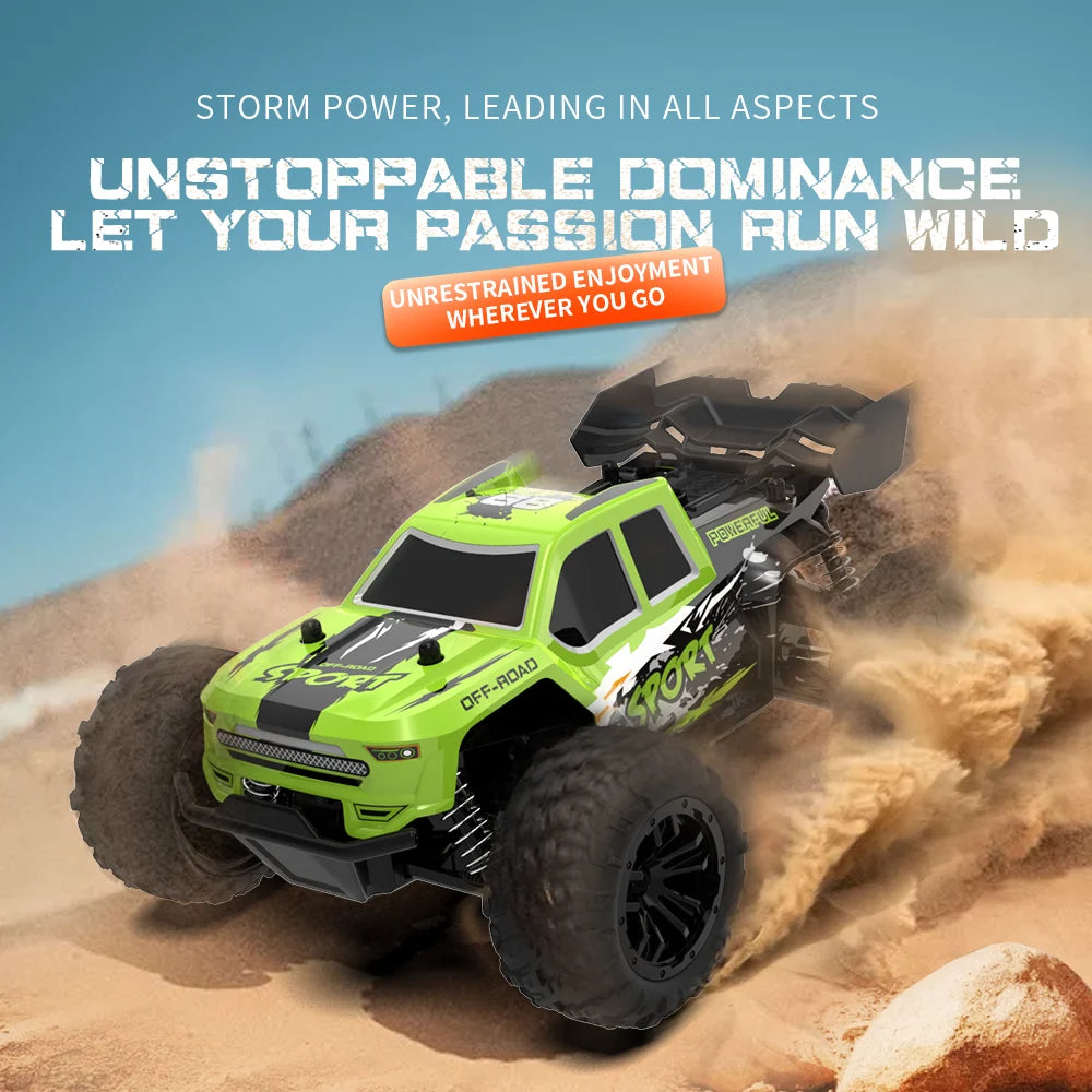 A bright lime green off-road RC car is driving through sand, demonstrating its power and dominance.