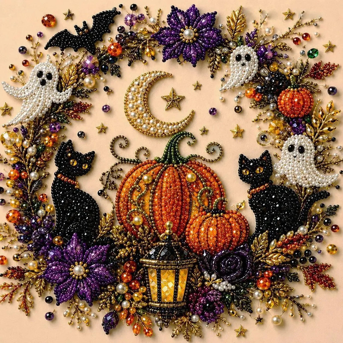 A circular arrangement of Halloween-themed decorations including black cats, white ghosts, and orange pumpkins made with pear