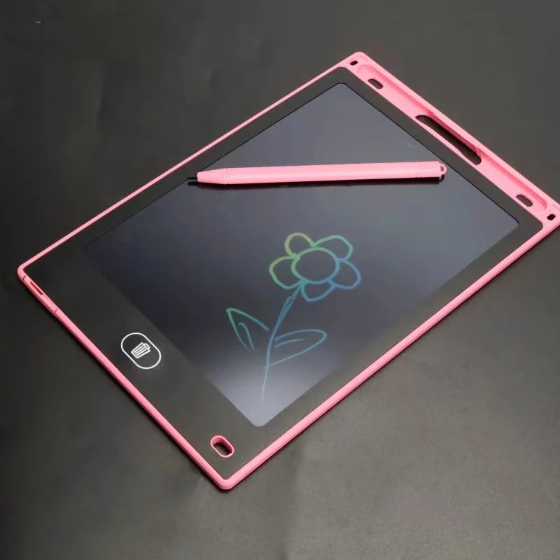 A pink 8.5-inch LCD writing tablet with a stylus resting on the screen, showing a green flower doodle.