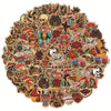 A dense collage of retro tattoo and cartoon stickers featuring skulls, roses, animals, and various decorative elements.