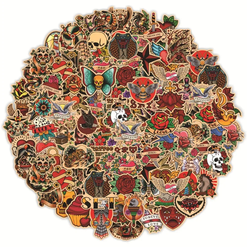 A dense collage of retro tattoo and cartoon stickers featuring skulls, roses, animals, and various decorative elements.