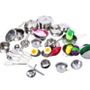 A set of 25 stainless steel cookware and utensils for a play kitchen set.