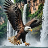 A majestic eagle in flight against a backdrop of tall waterfalls and lush green cliffs.
