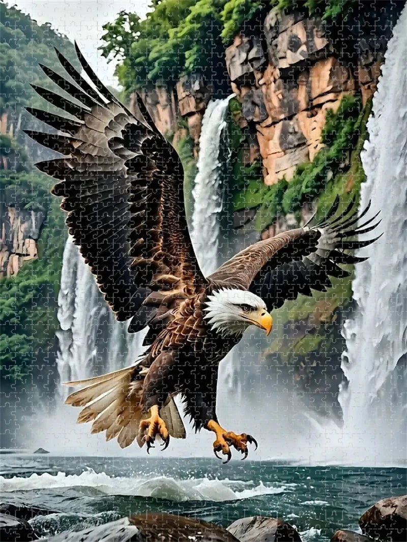 A majestic eagle in flight against a backdrop of tall waterfalls and lush green cliffs.