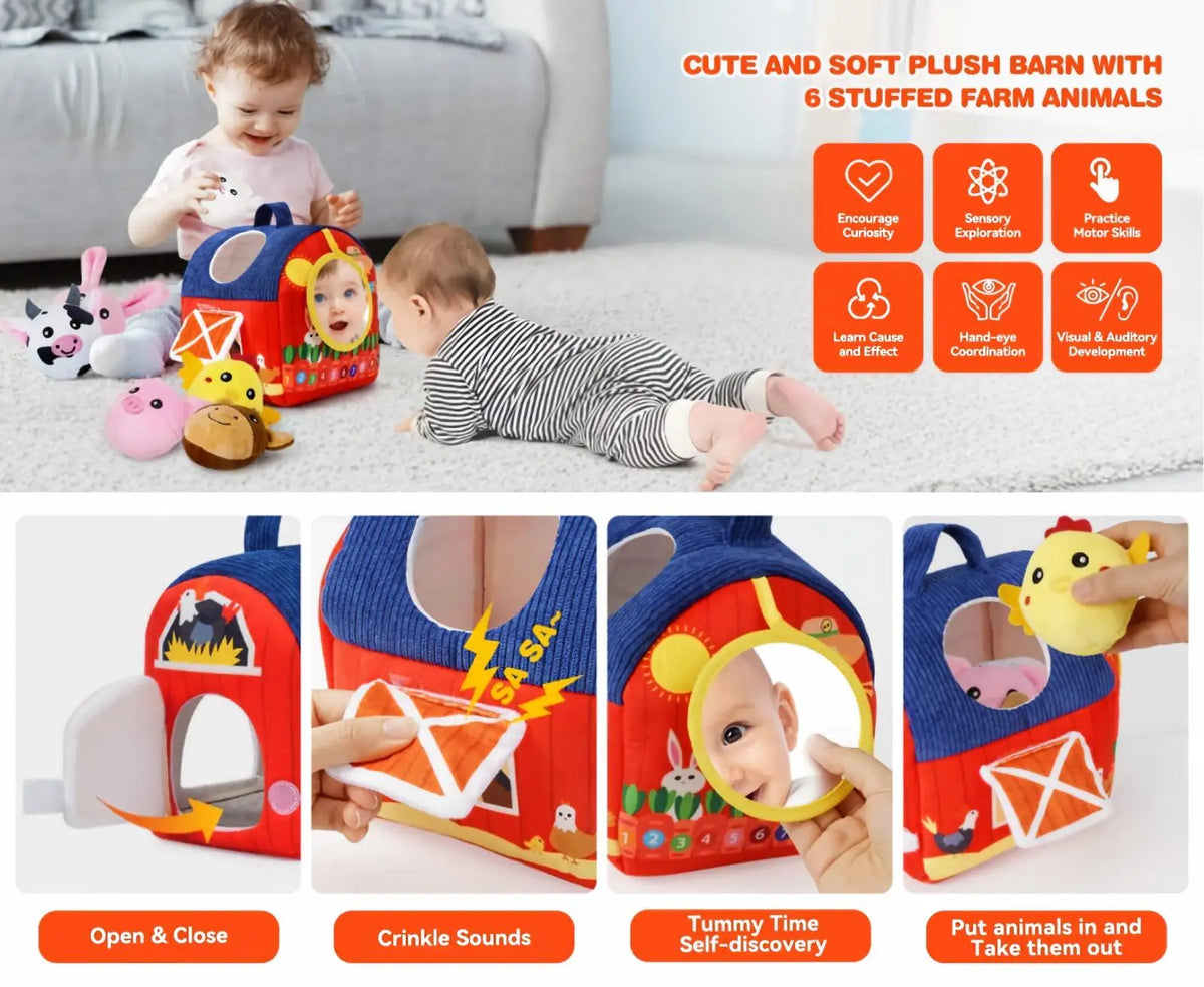 Soft Plush Farm Animal Sensory Toy Set with Sounds for Babies 6-12 Months