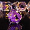 A close-up of a purple liquid core dice set featuring numbered dice with a black cat design.