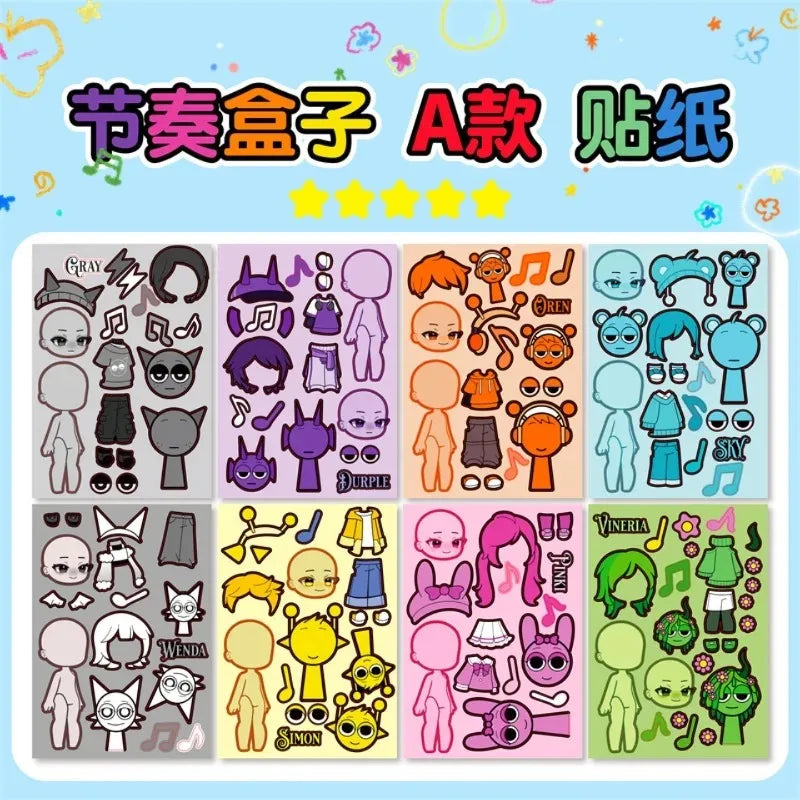A set of A-grade unicorn make-a-face sticker puzzles for kids featuring various cute animal and character designs.