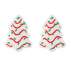 Two white silicone beads shaped like Christmas trees decorated with red and green lines for jewelry making