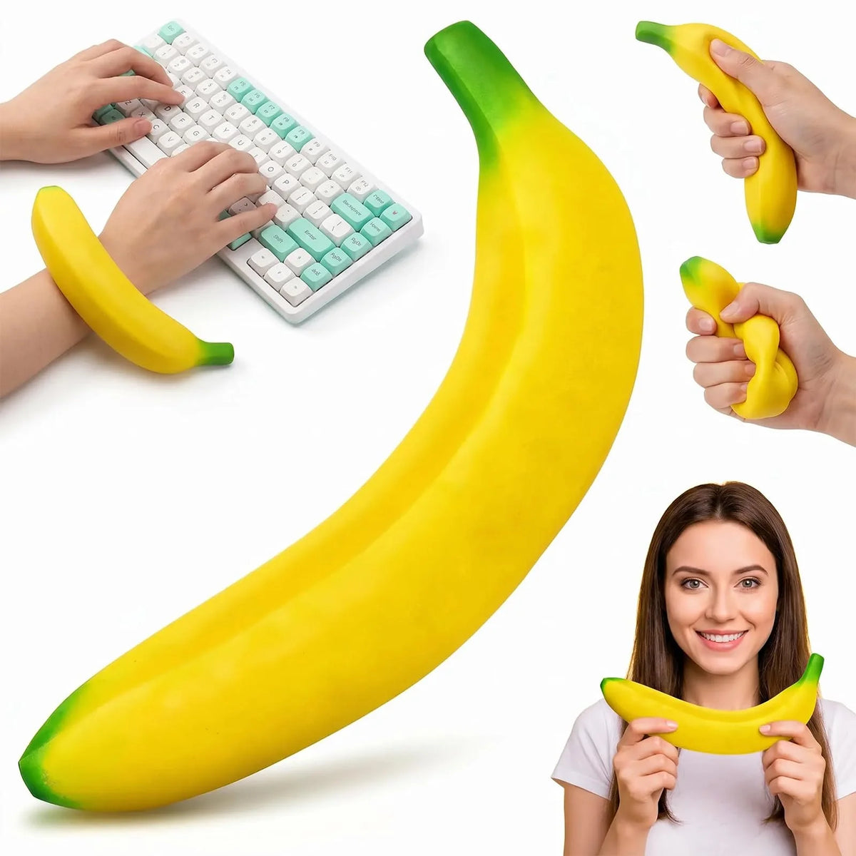 Hands are shown holding a yellow banana, a keyboard, and a squishy banana toy.
