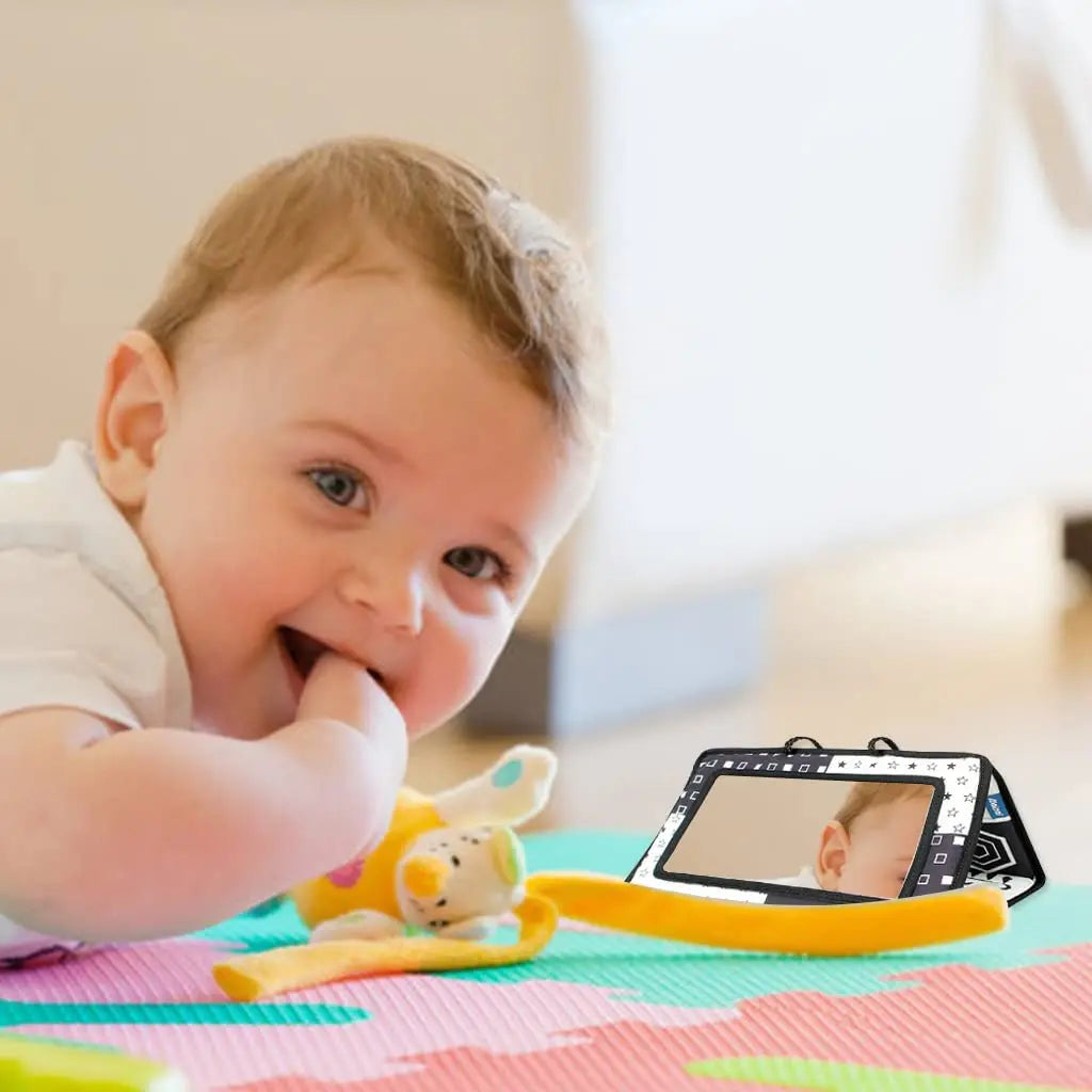 High-Contrast Tummy Time Baby Mirror with Crinkle Cloth Book and Teether