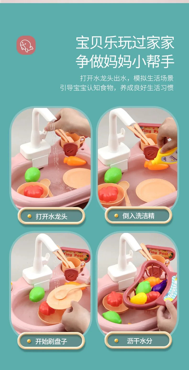 Interactive kids kitchen sink toy featuring running water and fishing game with various food items