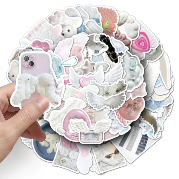 A circular arrangement of decorative wing stickers featuring various pastel-colored animals and floral elements.