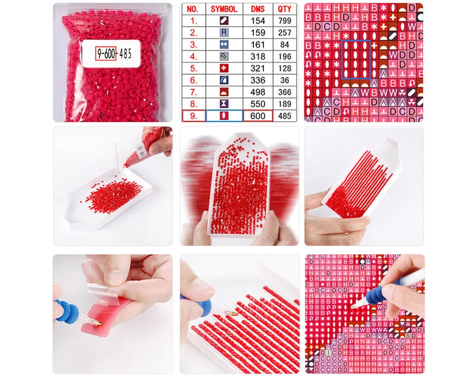 A diamond painting kit showing a chart of colors and numbered patterns for creating a black portrait art mosaic.