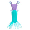 A purple and teal mermaid fantasy dress for girls featuring a ruffled fishtail skirt.