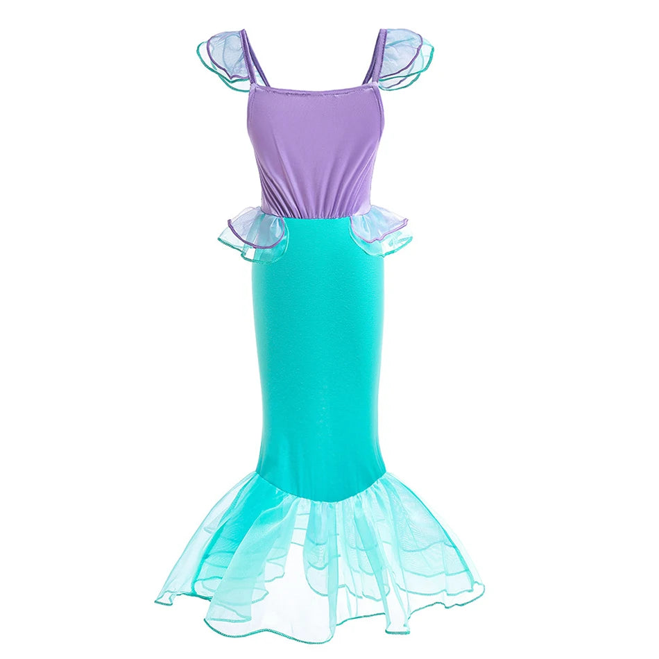 A purple and teal mermaid fantasy dress for girls featuring a ruffled fishtail skirt.