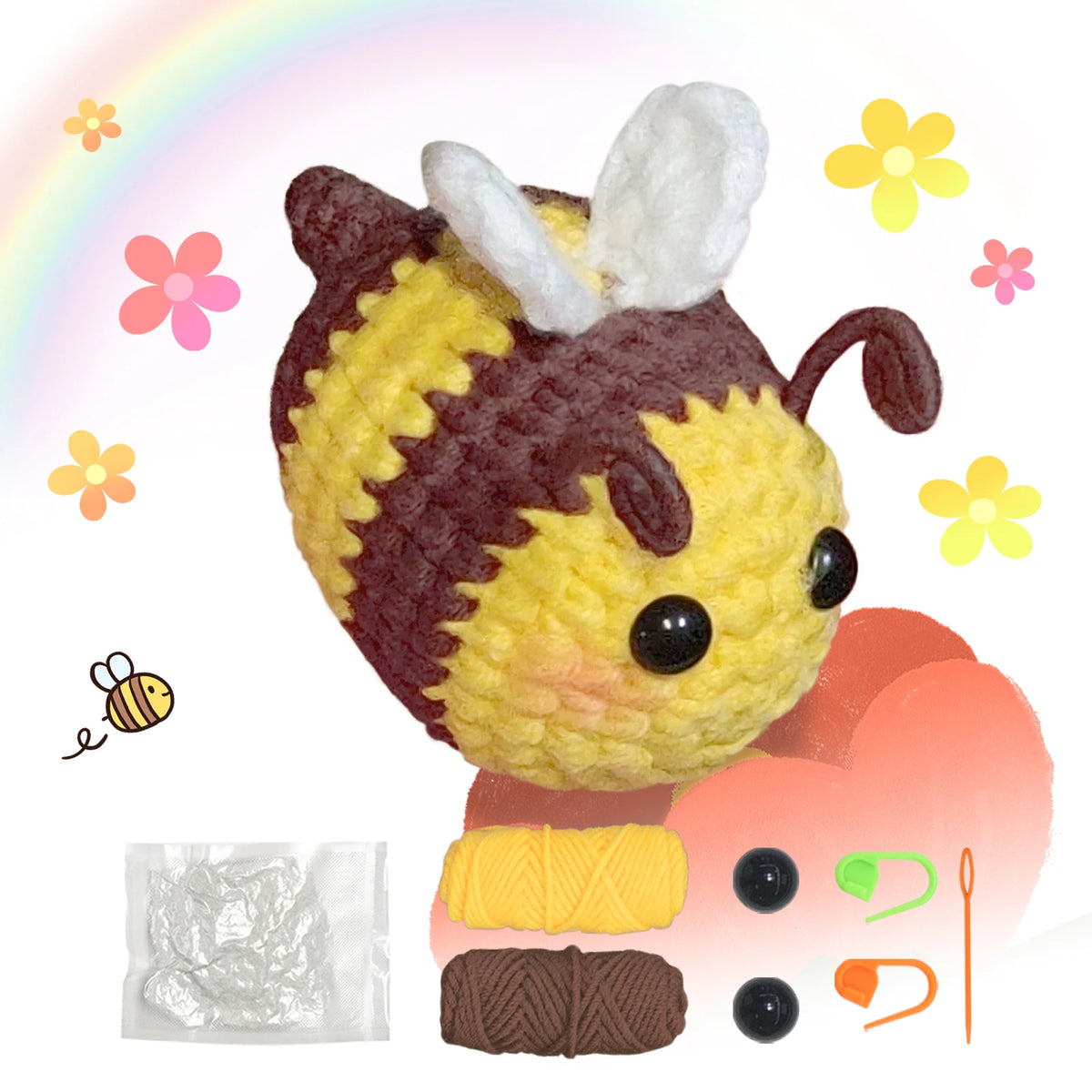 A crochet kit featuring a bee-shaped stuffed toy, yarn, and accessories for beginners.