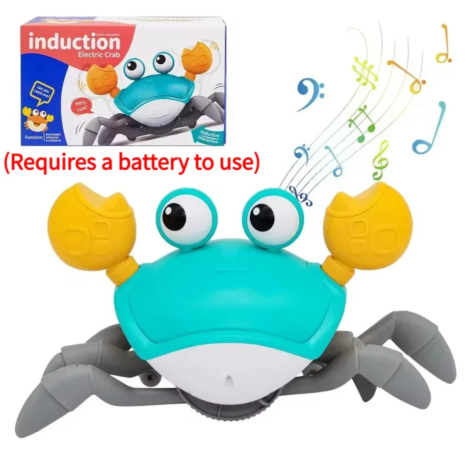 A bright blue electric crab toy with large eyes and claws is shown against a white background.