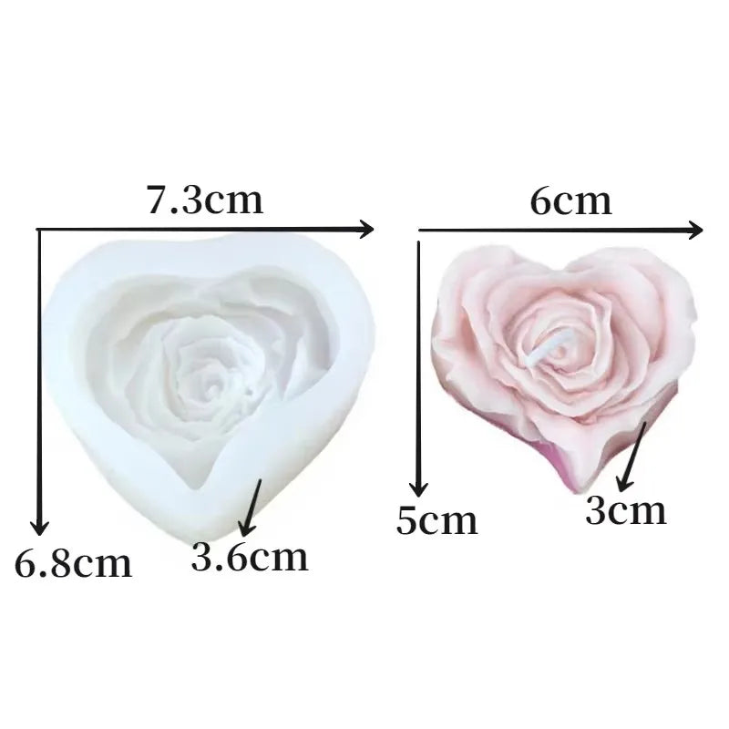 White heart-shaped silicone mold with measurements showing its size for crafting