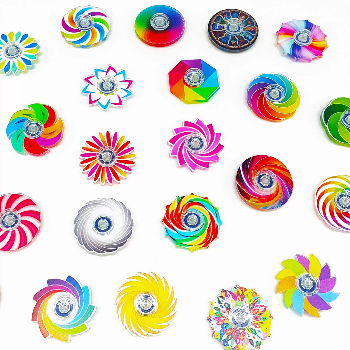 A collection of colorful mini fidget spinners in various designs and colors.