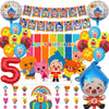 A collection of colorful balloons, banners, and decorations for a circus clown themed birthday party.