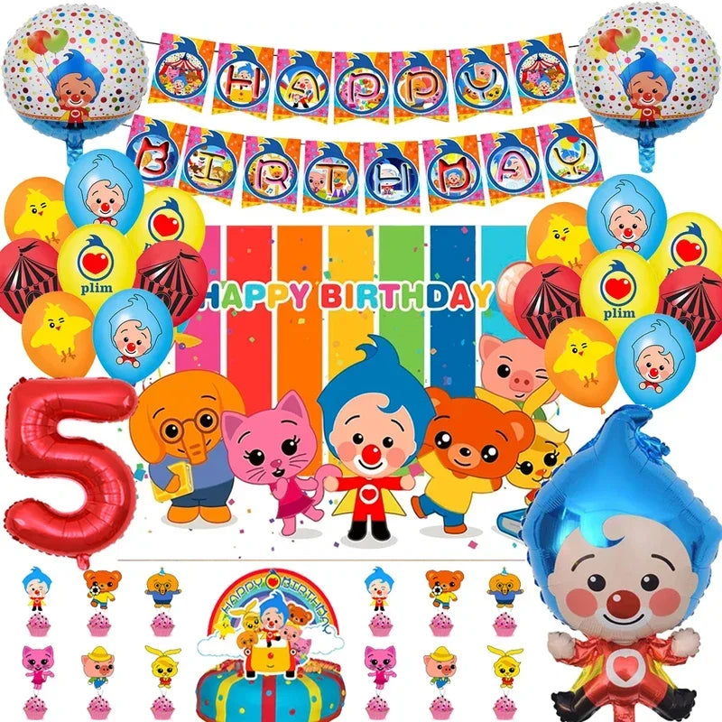 A collection of colorful balloons, banners, and decorations for a circus clown themed birthday party.