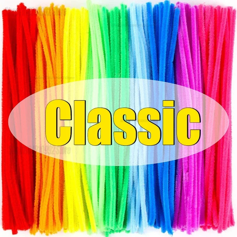 A vibrant collection of colorful bendable chenille craft stems in a rainbow spectrum.
