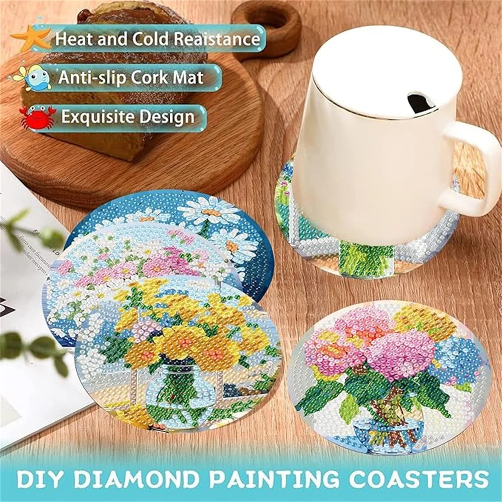 An assortment of eight diamond painting coasters featuring floral designs and a metal holder.