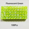 A pack of 100 fluorescent green acrylic six-sided dice for tabletop games.