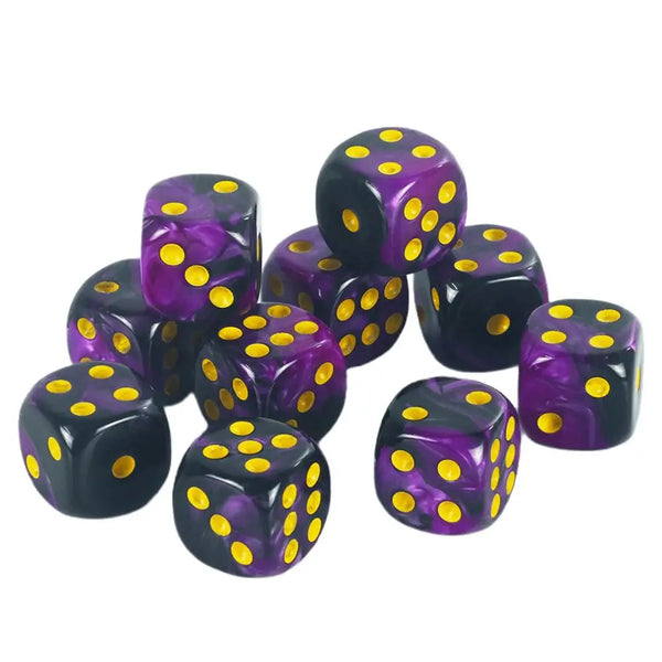 A pile of ten translucent purple dice with yellow dots, used for tabletop role-playing games.