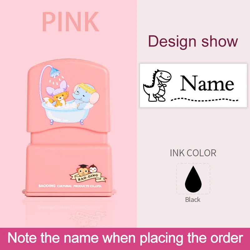 Pink custom kids name stamp product with a bathtub design and blank space for personalization