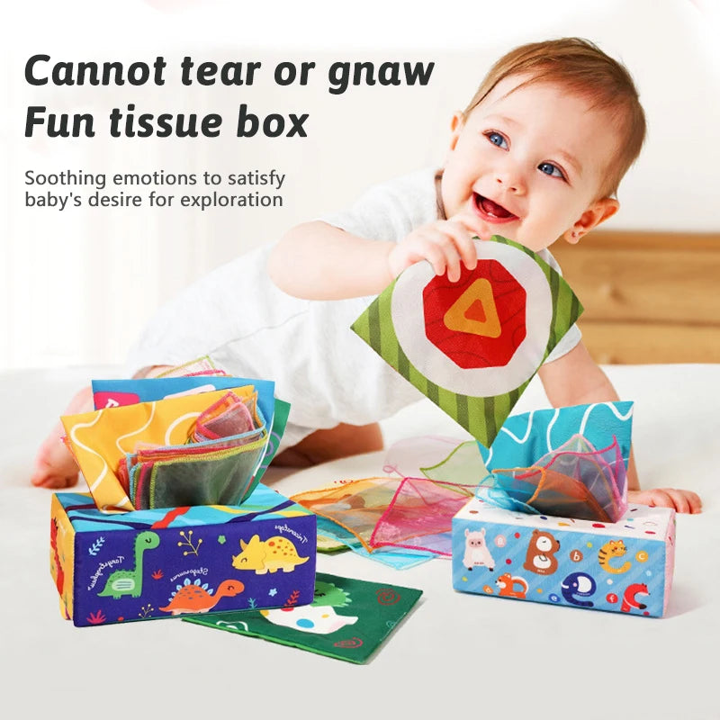 Sensory Tissue Box Toy with Crinkle Paper and Silky Scarves