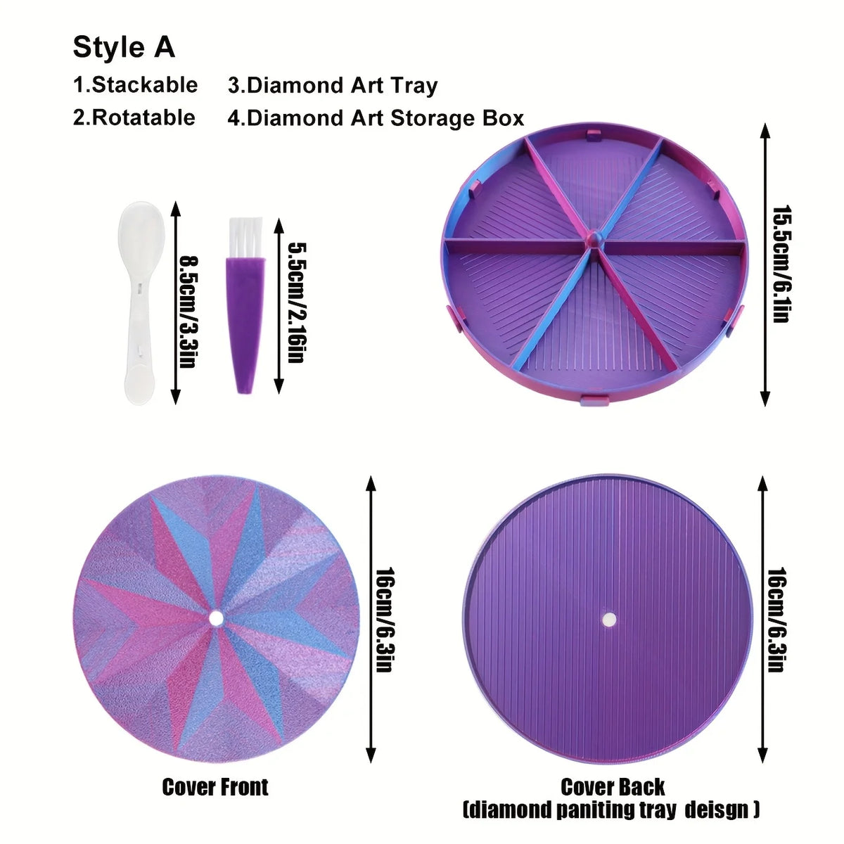 A purple diamond art storage box shown with various components including a stackable item and a cover front and back.
