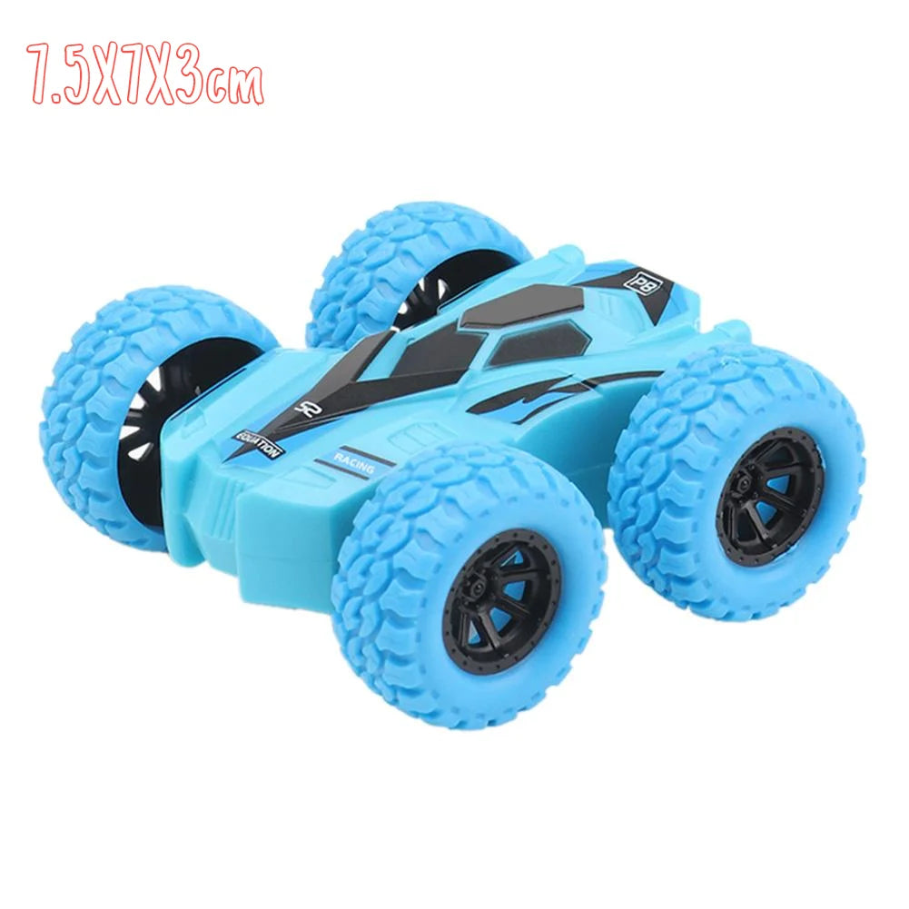 A blue four-wheel drive stunt car with large tires and a pull-back action mechanism.