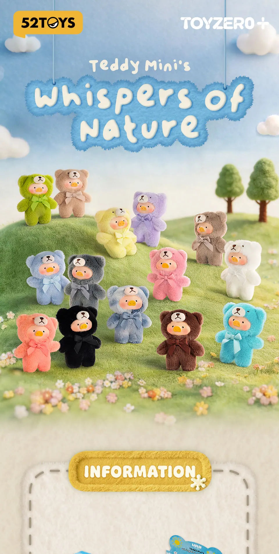 A collection of Teddy Mini figures in various colors and textures arranged on green grass under a blue sky.